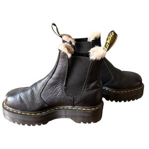 Dr. Martens Quad FL Chelsea Black Leather Boots with Faux Fur Trim, Sz 7M/ 8W